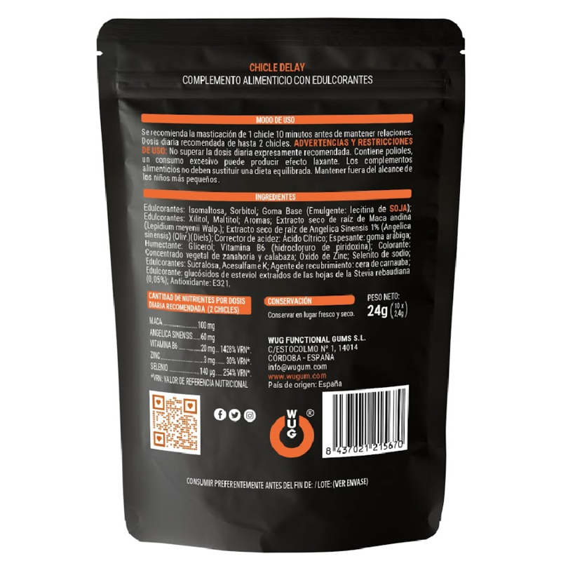 WUG DELAY Chicle funcional con Zinc, Selenio y Vitamina B6 para mayor control y resistencia en los momentos íntimos - Imagen 2