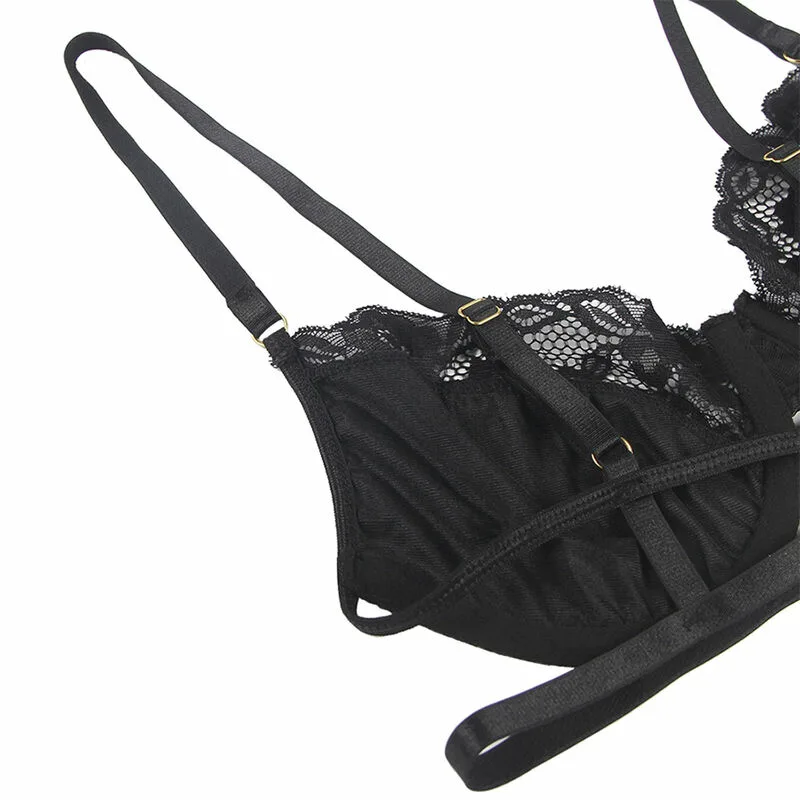 SUBBLIME - SET DE 3 PIEZAS SUJETADOR + TANGA + LIGA ENCAJE NEGRO L/XL - Imagen 6