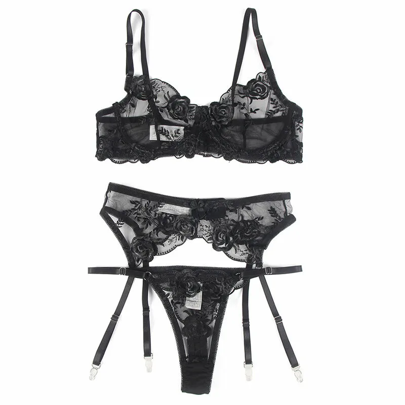 SUBBLIME - SET DE 3 PIEZAS SUJETADOR + TANGA + LIGA ESTAMPADO FLORAL NEGRO S/M - Imagen 5