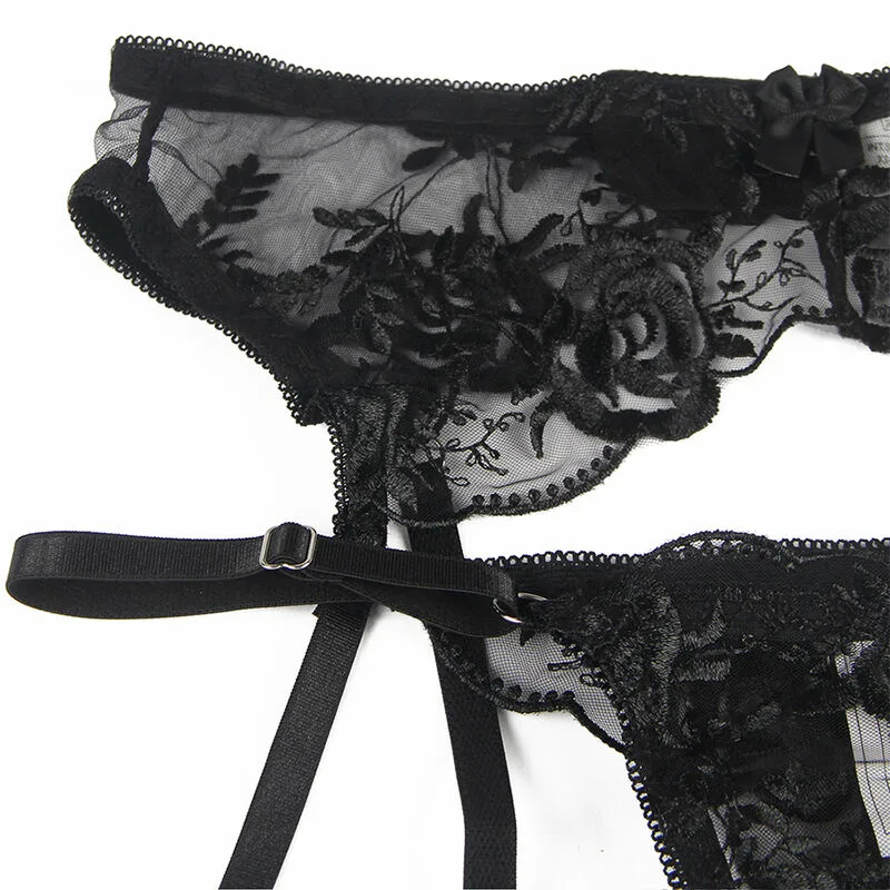 SUBBLIME - SET DE 3 PIEZAS SUJETADOR + TANGA + LIGA ESTAMPADO FLORAL NEGRO S/M - Imagen 9