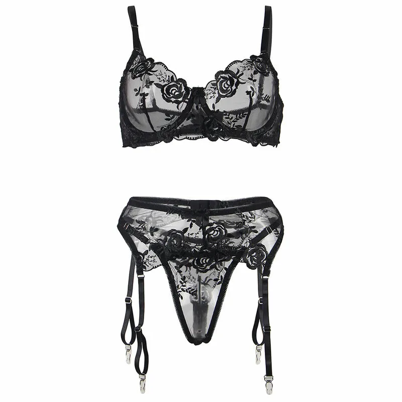 SUBBLIME - SET DE 3 PIEZAS SUJETADOR + TANGA + LIGA ESTAMPADO FLORAL NEGRO S/M - Imagen 6