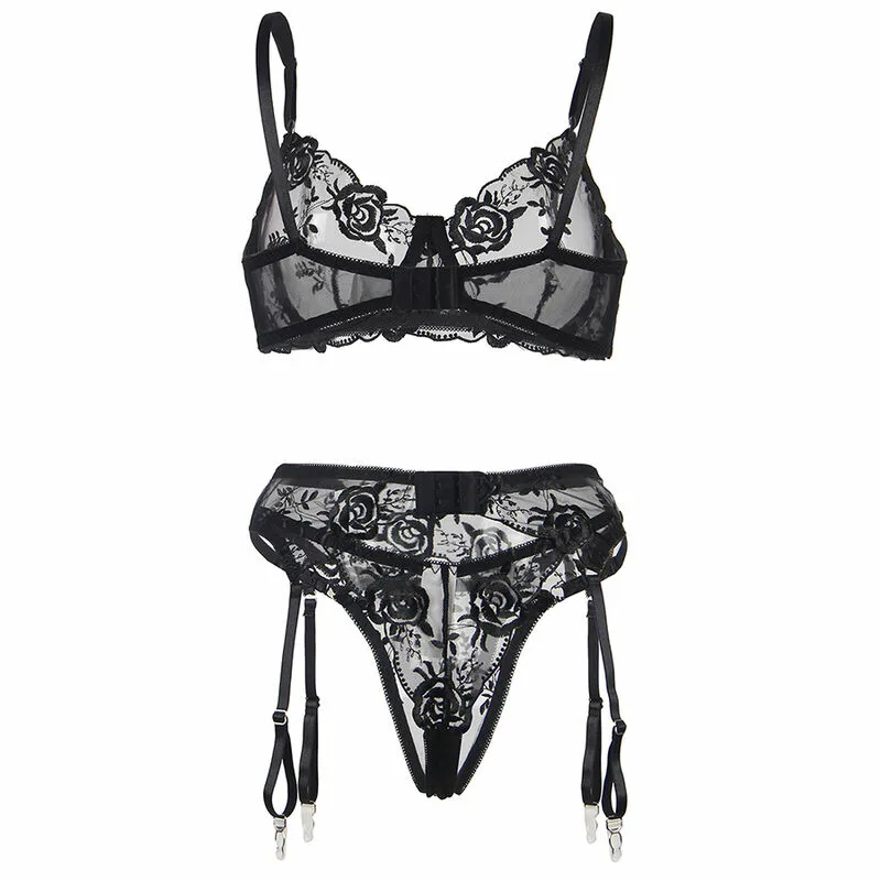 SUBBLIME - SET DE 3 PIEZAS SUJETADOR + TANGA + LIGA ESTAMPADO FLORAL NEGRO S/M - Imagen 7