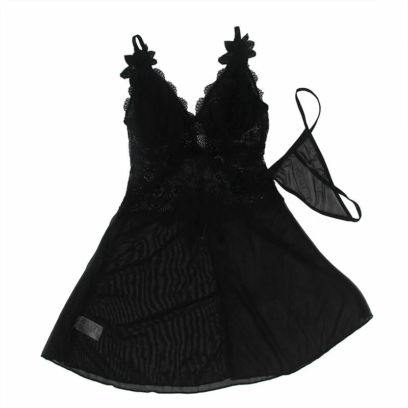 SUBBLIME - BABYDOLL TELA DE TUL DETALLE ENCAJE Y FLOR NEGRO L/XL - Imagen 3