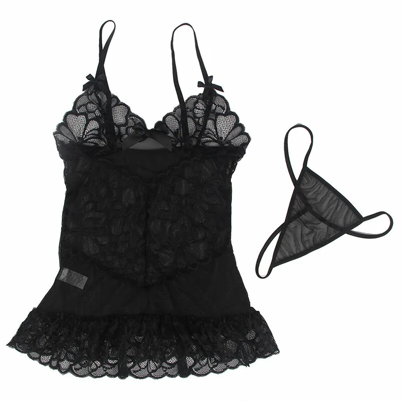 SUBBLIME - BABYDOLL CON TIRANTES AJUSTABLES Y ESTAMPADO FLORAL DE ENCAJE TRANSPARENTE NEGRO L/XL - Imagen 7
