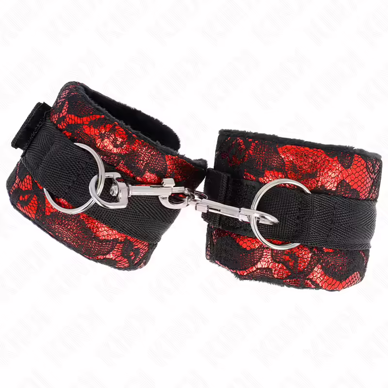 KINK - MUÑEQUERAS CORTAS DE ENCAJE TERCIOPELO Y UNIÓN DE NYLON ROJO/NEGRO 23 X 6.5 CM - Imagen 2