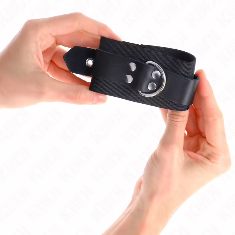 KINK - MUÑEQUERAS DE NYLON NEGRO CON CORREA CUERO NEGRO AJUSTABLE 19-29 CM X 5.1 CM - Imagen 3