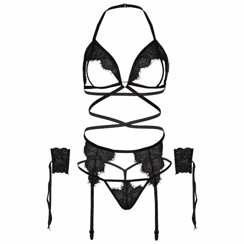 LEG AVENUE - SET CUATRO PIEZAS SUJETADOR, LIGUERO, TANGA Y PUÑOS TALLA ÚNICA - NEGRO - Imagen 5