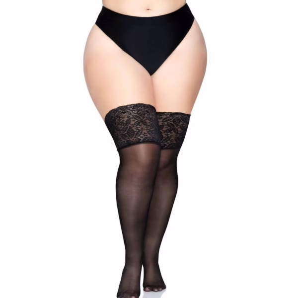 LEG AVENUE - MEDIAS NEGRAS AUTOADHESIVAS CON ENCAJE ANCHO PLUS SIZE - Imagen 5