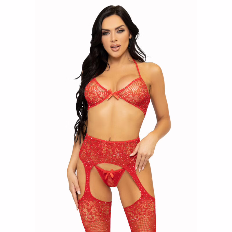 LEG AVENUE - SET TRES PIEZAS SUJETADOR, TANGA Y MEDIAS TALLA ÚNICA - ROJO