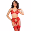 CHILIROSE - CR 4848 SET SUJETADOR + TANGA + MEDIAS DE ENCAJE ROJO XL