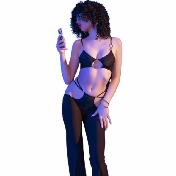 CHILIROSE - CR 4851 SET TOP NEGRO Y LEGGINS CON COMPLEMENTOS DORADOS M - Imagen 4