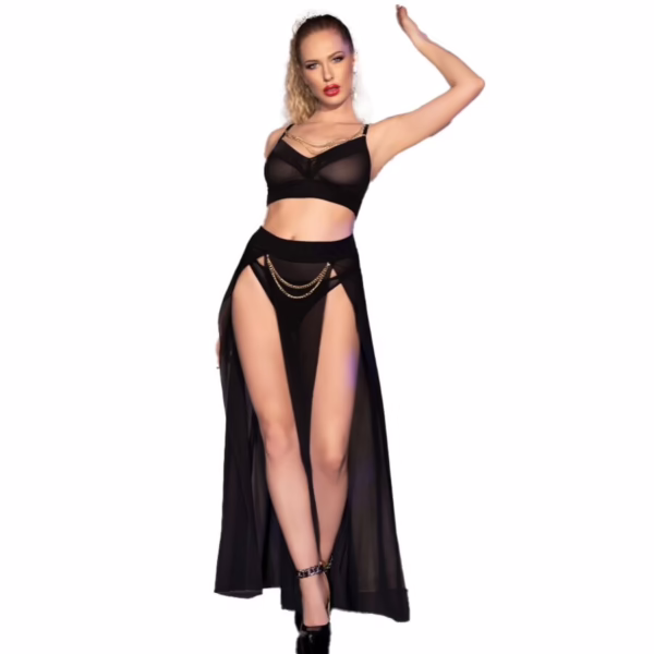 CHILIROSE - CR 4672 TOP NEGRO FALDA Y TANGA CON CADENAS DORADAS L