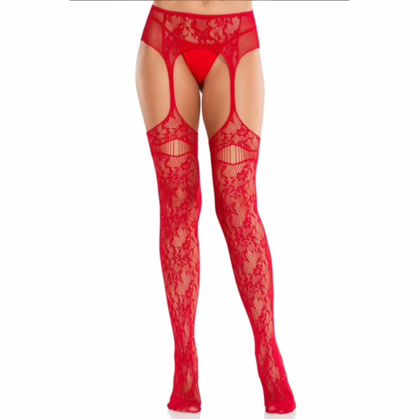 LEG AVENUE - MEDIAS DE ENCAJE CON LIGAS ROJO