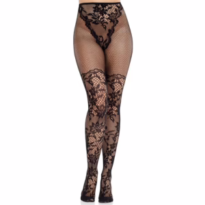 LEG AVENUE - MEDIAS DE ENCAJE DAHLIA CON DETALLE DE RED NEGRO