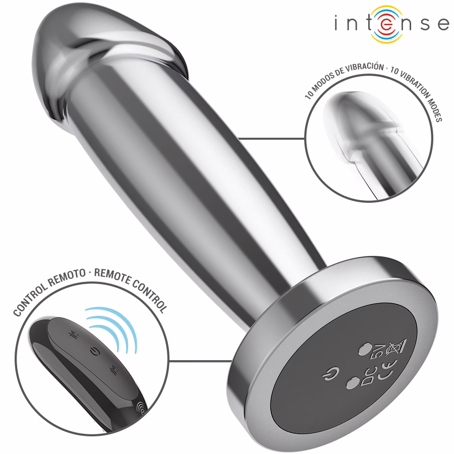 INTENSE - PLUG ANAL 10 VIBRACIONES METAL EN FORMA DE DILDO CON CONTROL REMOTO S - Imagen 3