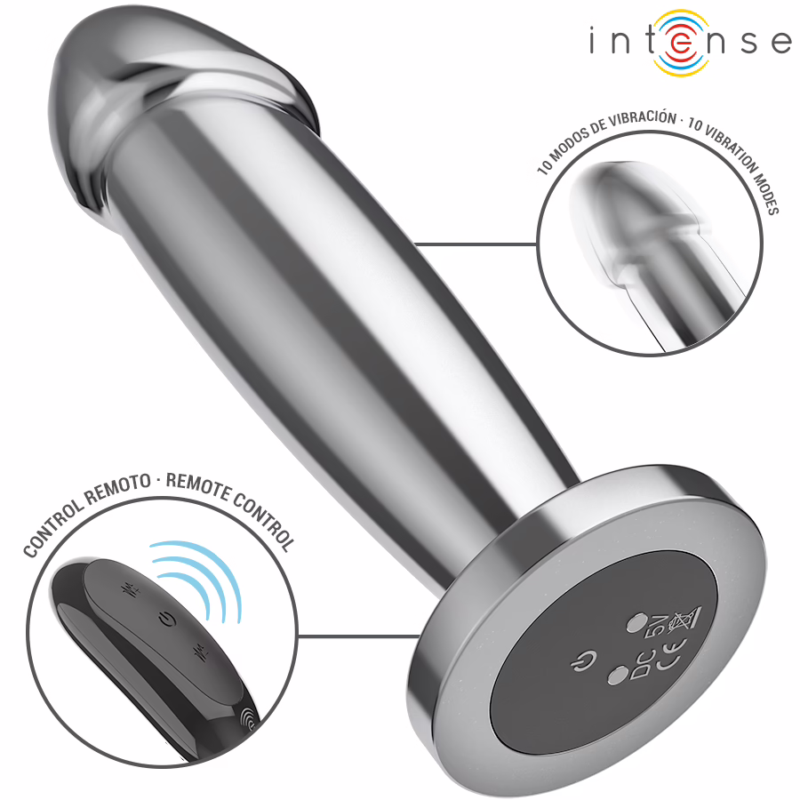 INTENSE - PLUG ANAL 10 VIBRACIONES METAL EN FORMA DE DILDO CON CONTROL REMOTO M - Imagen 3