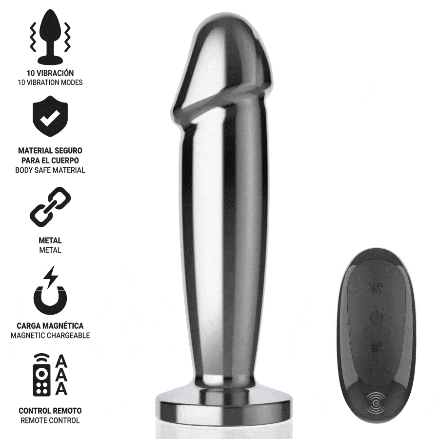 INTENSE - PLUG ANAL 10 VIBRACIONES METAL EN FORMA DE DILDO CON CONTROL REMOTO M - Imagen 2
