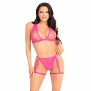 LEG AVENUE - 86148 TOP DE BRA DE ENCAJE Y PANTY CON LIGUEROS ROSA - TALLA ÚNICA