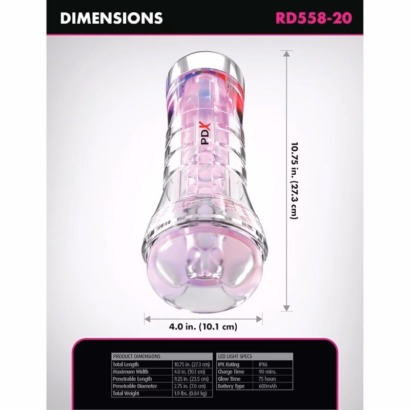 PDX ELITE - MASTURBADOR TRANSPARENTE VIEWTUBE XXL LED STROKER 27.3 CM - Imagen 4