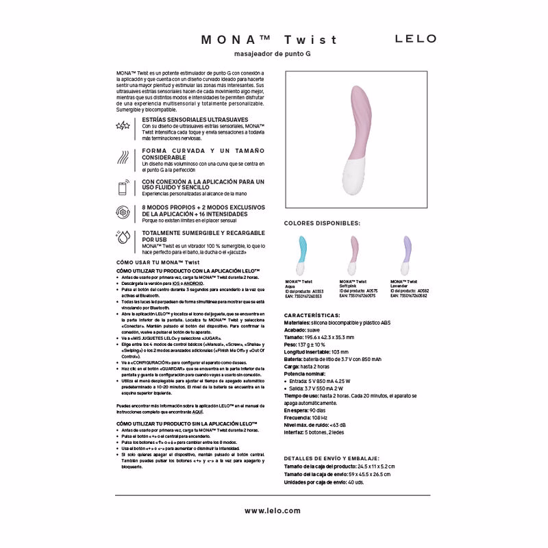 LELO - MONA TWIST VIBRADOR PARA PUNTO G RECARGABLE APP CONTROL LAVANDA TURQUESA - Imagen 7