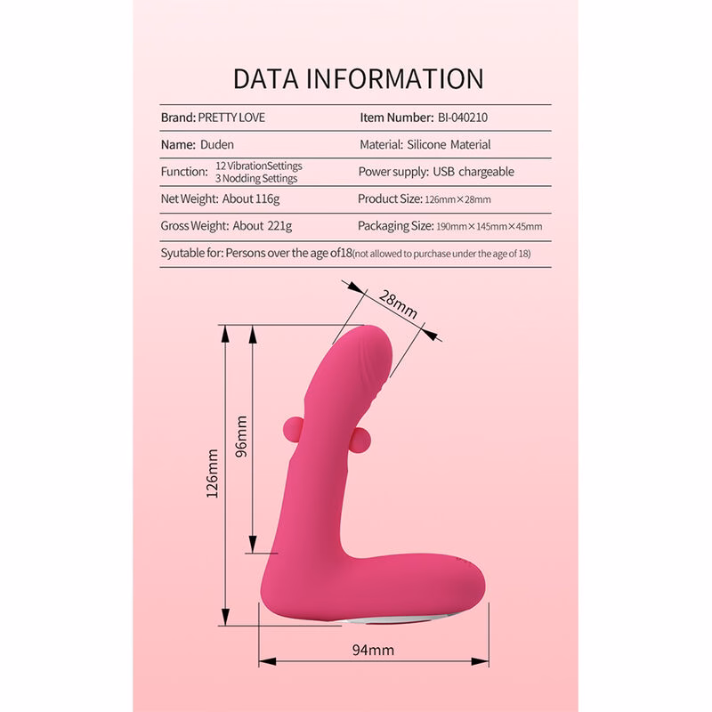 PRETTY LOVE - DUDEN VIBRADOR DE SILICONA RECARGABLE 12 MODOS DE VIBRACIÓN Y 3 MODOS DE BALANCEO ROSA - Imagen 8